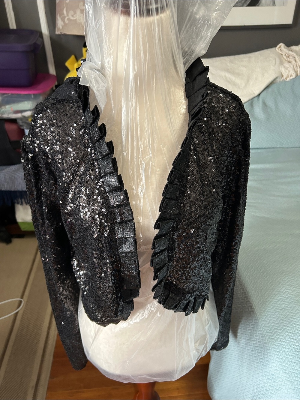 Black Sequin hoodie Cropped Ruffle-Trim Blazer ptp approximately 21 inches